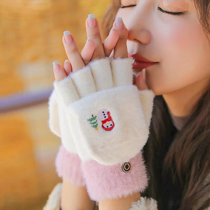Women's Touch Screen Gloves Embroidered Snowman Cute Imitation Mink Warm Knitted Plush Autumn and Winter Cold-proof Finger Gloves