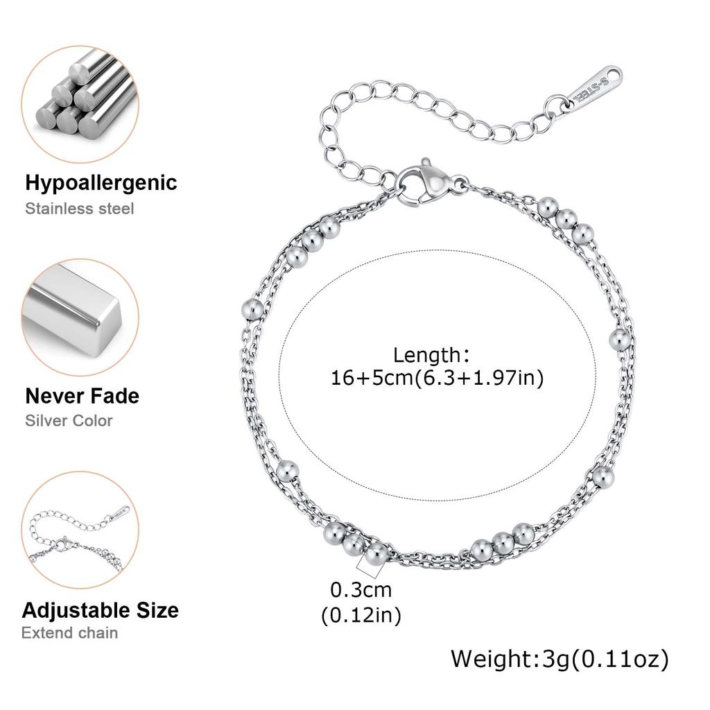 Gold Plated Double Layer Round Beads Bracelet, Stainless Steel Adjustable Thin Link Chain Bracelets, Luxury Jewelry for Women