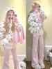 Winter 2025 Women's High-Waisted Pink Fleece-Lined Micro-Flare Sweatpants - Petite Size.