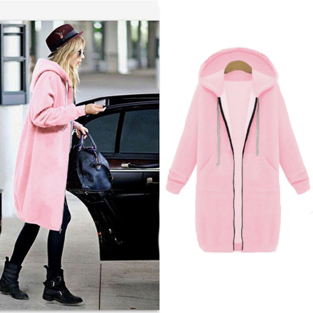 Women s Hooded Long Sleeve Loose Fit Midi Open Front Cardigan Pocket Casual Hoodie Jacket S розовый