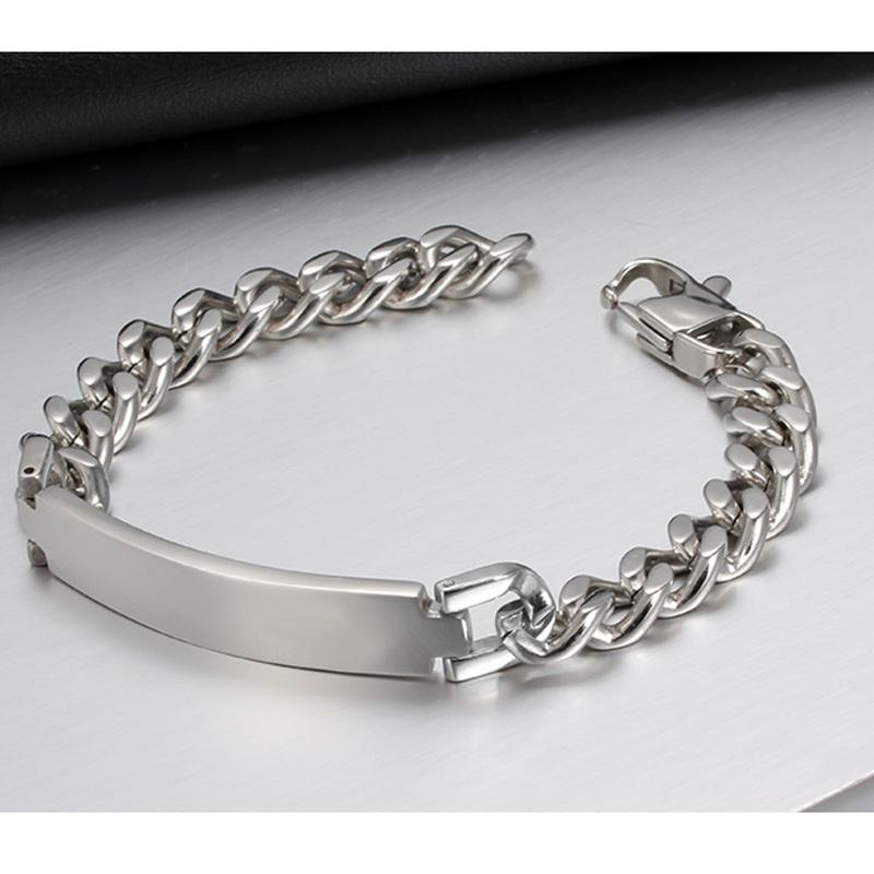 Bracciale Uomo Catena a Maglia Cubana in Acciaio Inossidabile Colore Argento Bracciale Personalizzato Barra Personalizzata Con Nomi Iniziali Data Gioielli Maschili