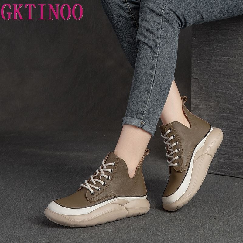 Fashion GKTINOO Genuine Leather Shoes Women Boots Lace-up Mixed Colors Round Toe 2025 New Leisure Sewing Handmade Platform Boots