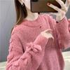 Fleece žinylkový svetr s výstřihem kravata Mašle s dlouhým rukávem pletený svetr jednobarevný volný oversized svetr