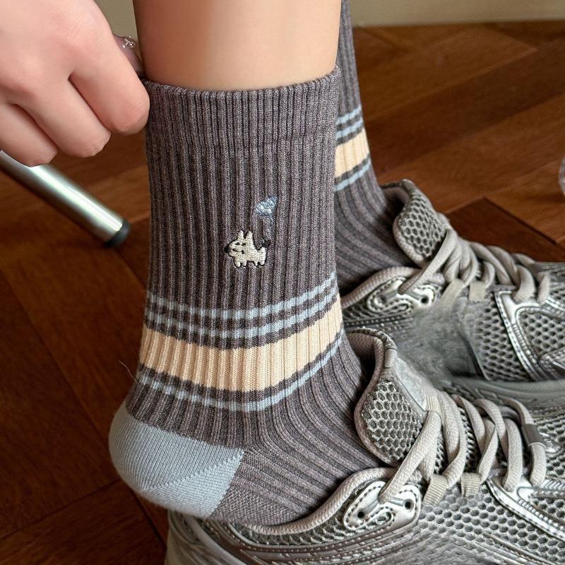 Two Pairs of Grey-colored Imitation Cashmere Striped Socks - Mid-calf Socks with Warm Stitching and Cute Lace Trim.