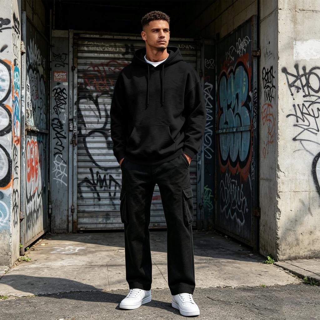 Men's Casual Loose Fit Hoodie and Cargo Pants 2 Piece Set with Elastic Waist for Everyday Streetwear