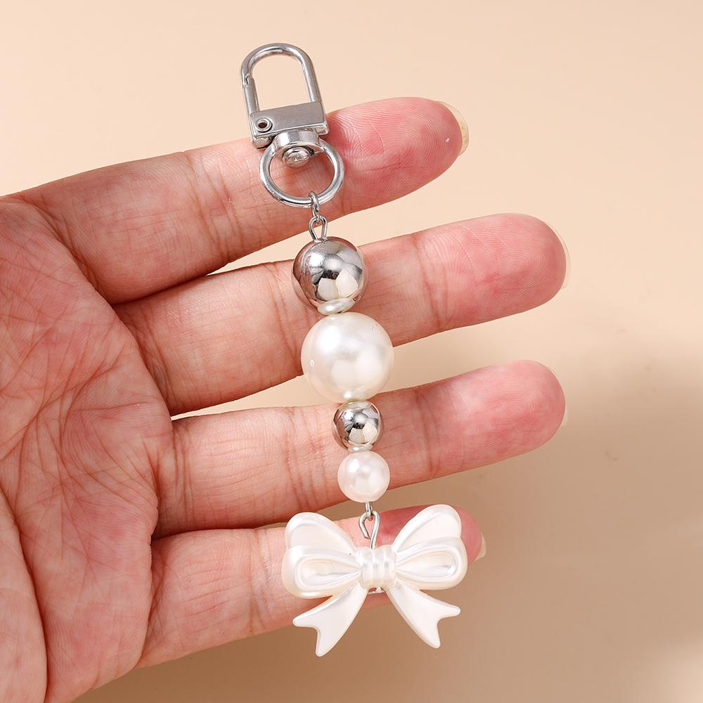 Cute Bowknot Keychain Women Girls Pearl Beaded Key Ring Pendants for Handbag Decor DIY Handmade Key Chain Gifts