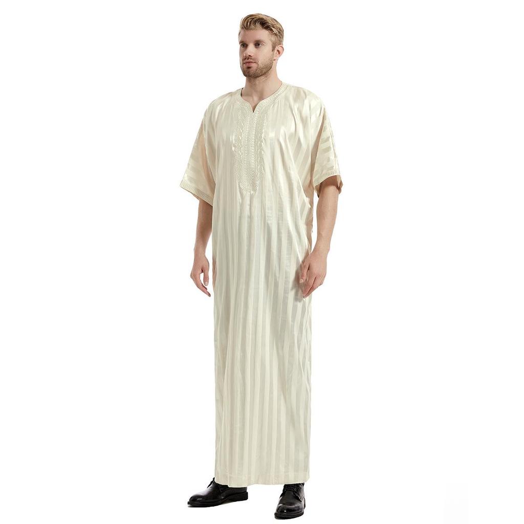 Men's Embroidered Striped Mid-Sleeve Robe – Ethnic Short Sleeve Style