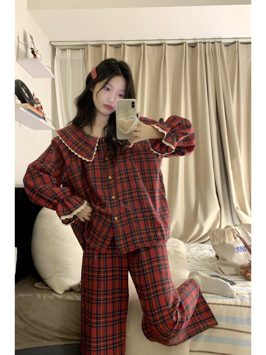 

Рождественский красный клетчатый кружевной пижамный комплект: Большой лацкан, длинный рукав и брюки для девочек – Идеально для осени и весны One Size