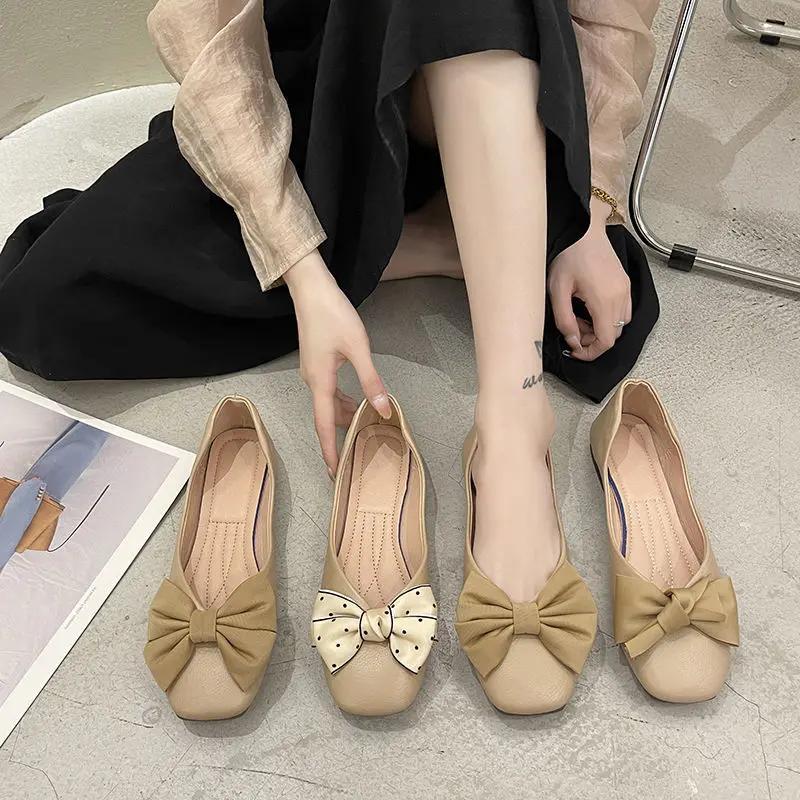 Fashion Women's Flat Shoes Square Toe Low Heel Elegant Ladies Footwear with Bow Dress Popular Stylish Cheap Clearance Korean Style Shoe