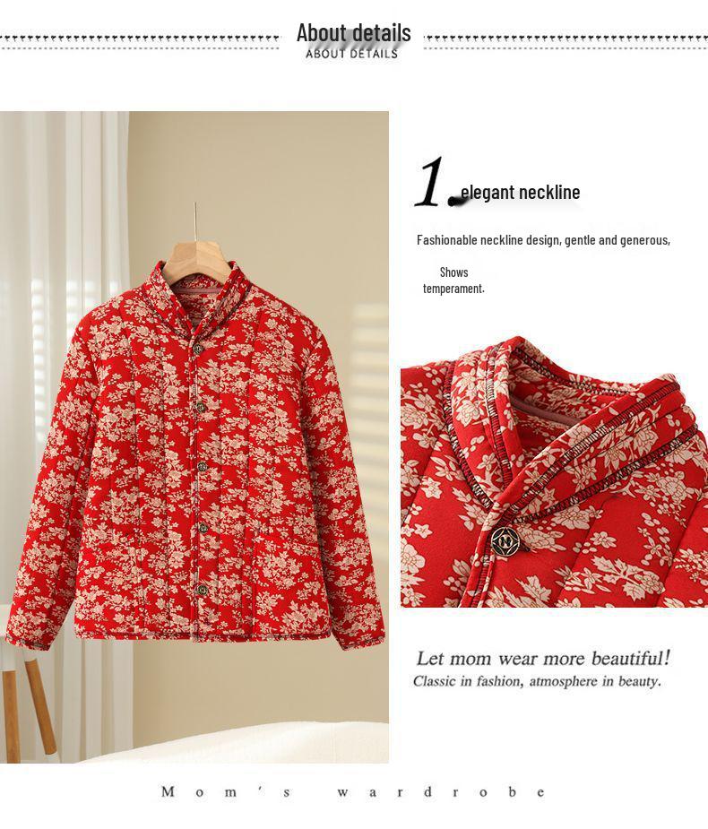 Mom's Floral Long-Sleeve Cotton Jacket for Middle-Aged and Elderly Women