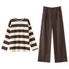 A New Two-piece Set of Plus-size Women's Clothing for Spring and Autumn, Featuring Striped Knitted Tops and Loose Wide-leg Trousers