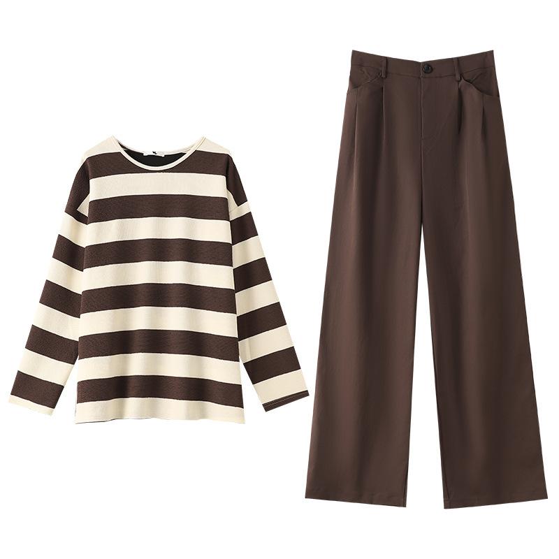 A New Two-piece Set of Plus-size Women's Clothing for Spring and Autumn, Featuring Striped Knitted Tops and Loose Wide-leg Trousers