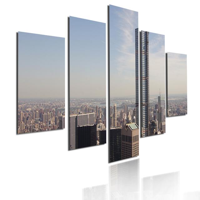 Wall Art Metropolis Skyscrapers Canvas Painting 5 Pieces Modular Picture Bustling City Night Poster HD Printed for Home Decor