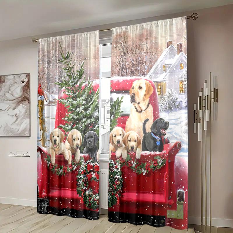 2 Pieces, Christmas Holiday Truck Puppy Curtains -30% Blackout - Suitable for Living Room, Bedroom, Home Decoration