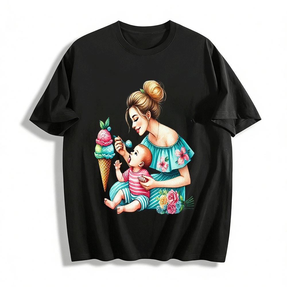 Mom And Baby Ice Cream Print Short Sleeve Parent-child Tops Pure cotton T-shirt XXS