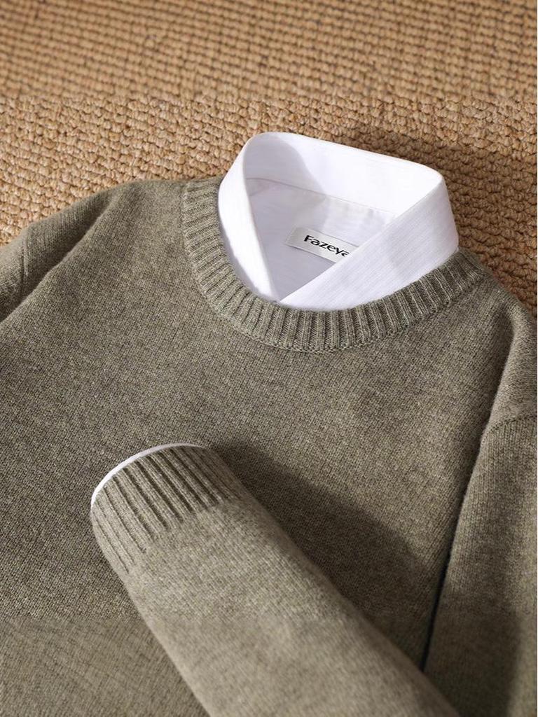 Men's Pure Wool Thickened Winter Pullover - Color Block Round Neck Cashmere Sweater