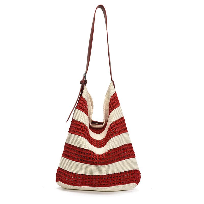New Tote Bag Niche Design Contrasting Color Striped Knitted Bag Simple Hollow Portable Shoulder Bag Women