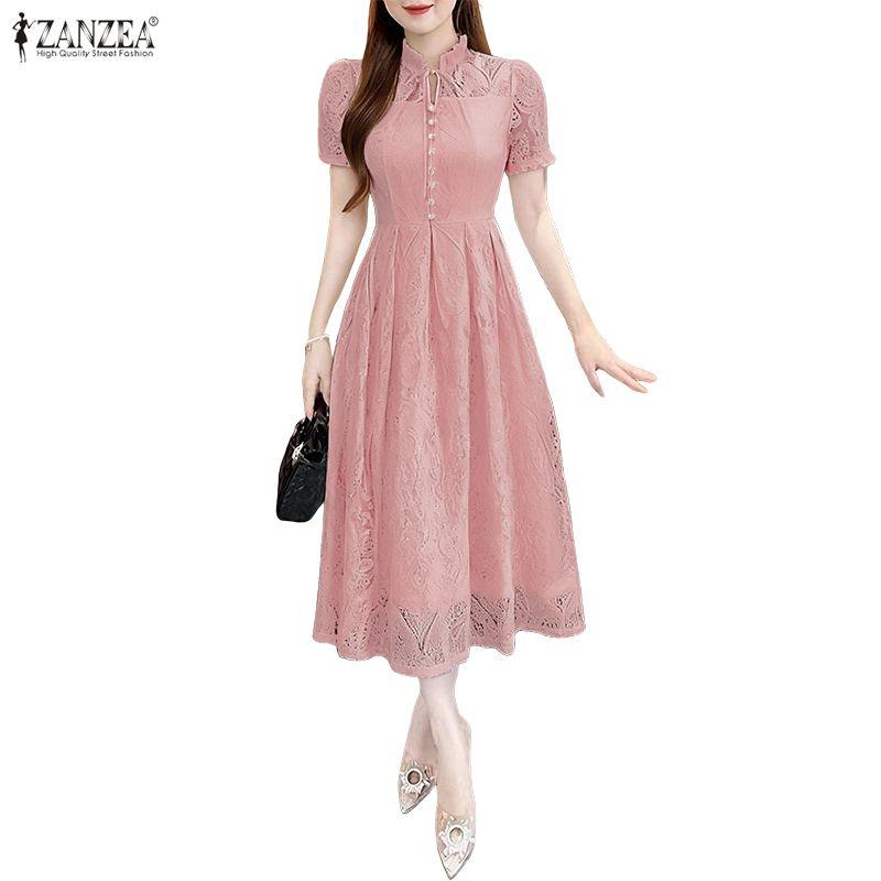 ZANZEA Women V-Neck Short Sleeve Casual Lace Dress