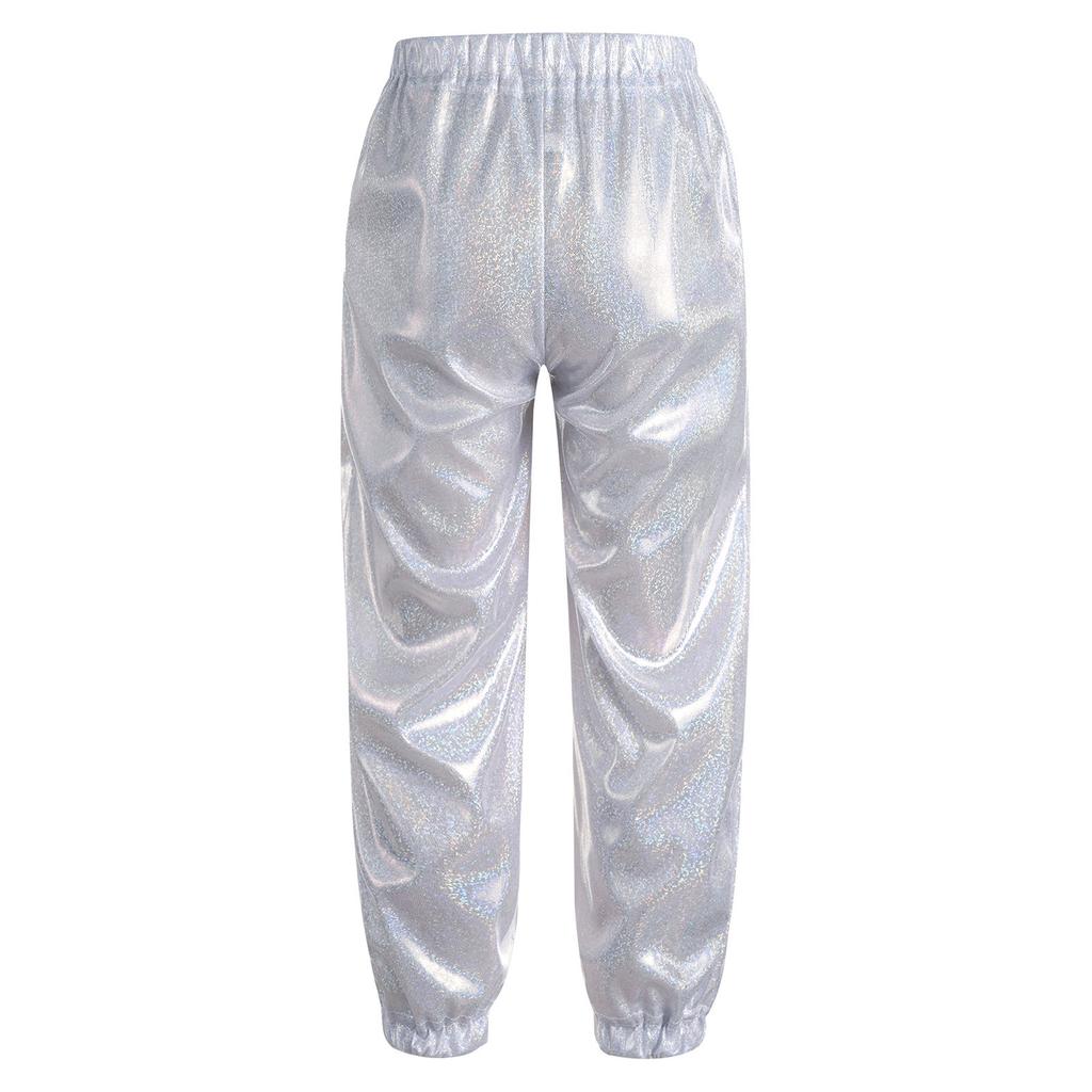 Unisex Kids Shiny Metallic Pants Elastic Waistband Trousers Unisex Dancewear Stage Outfit