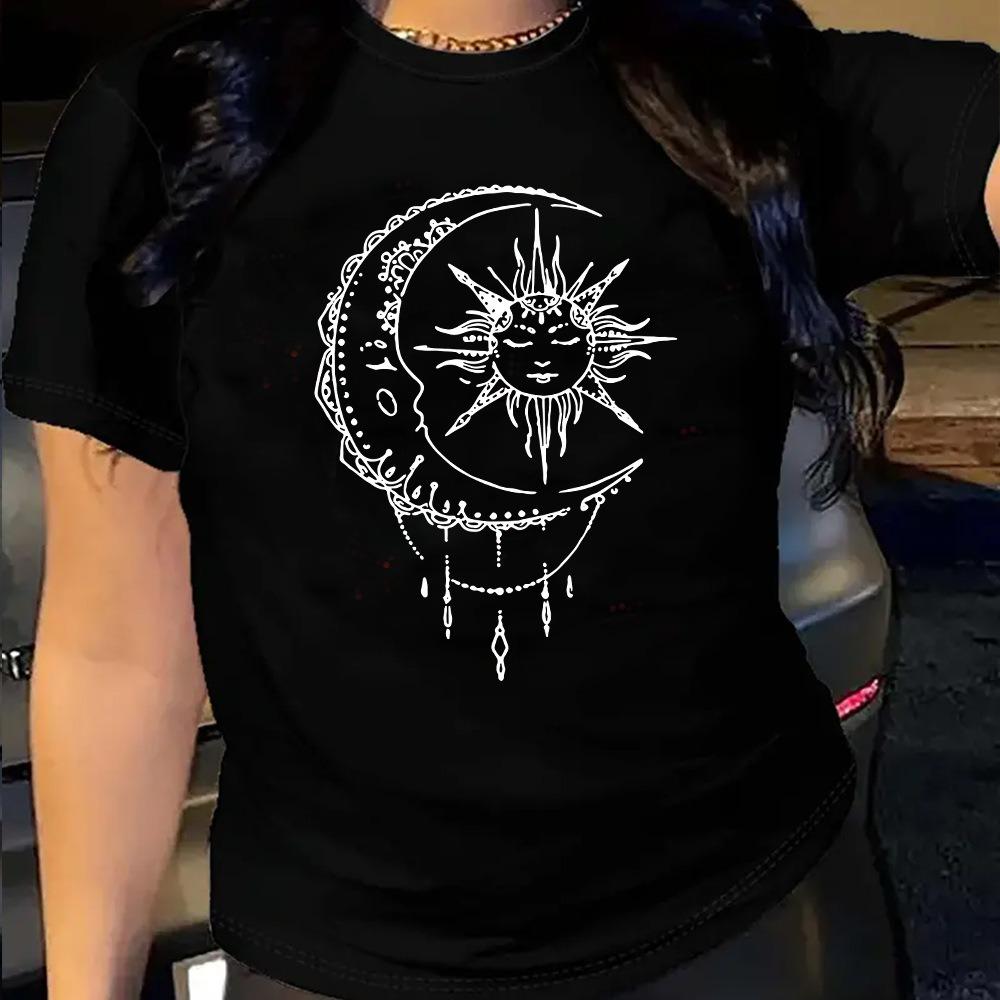 Moon and Sun Casual and Comfortable Pure Cotton Printed Women's Round Neck Short Sleeved T-shirt
