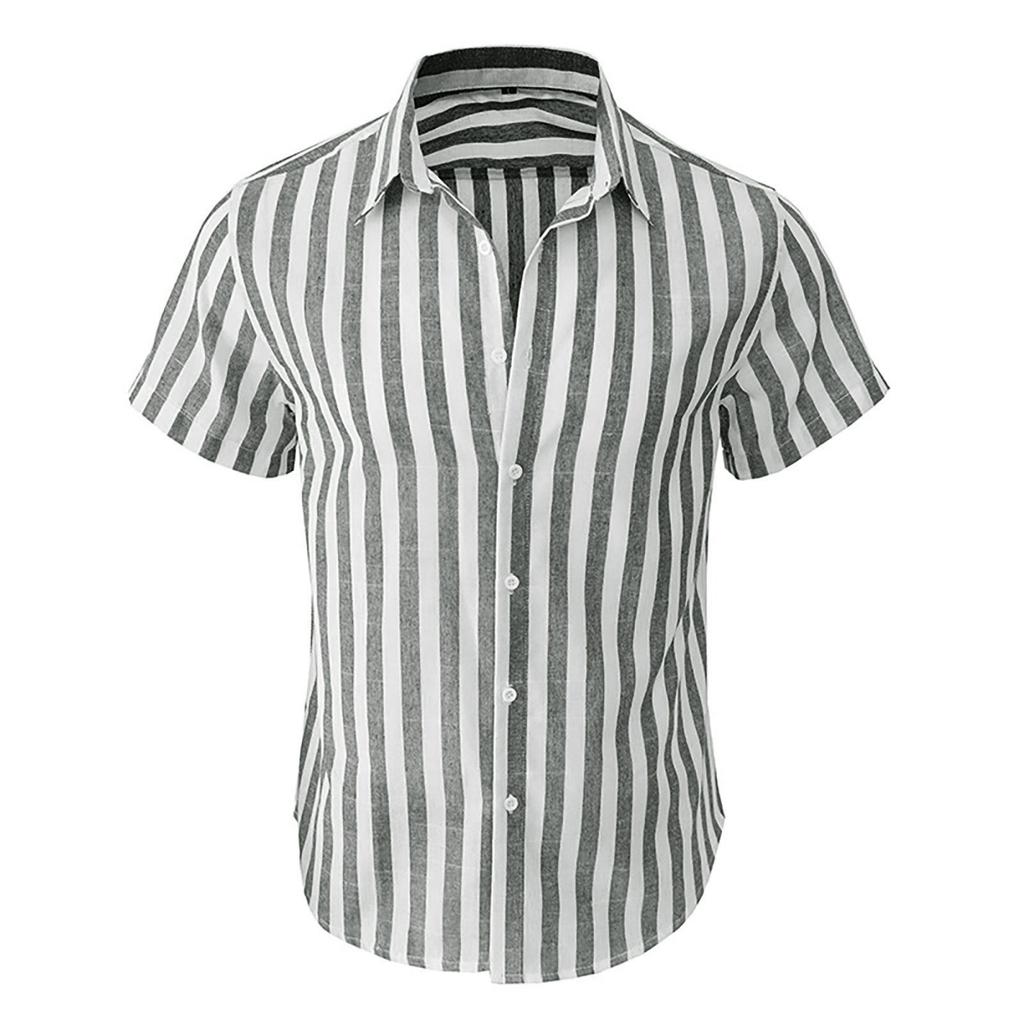 Mens Casual Lightweight Striped Short Sleeve Shirt Button Down Cotton Dress Shirt