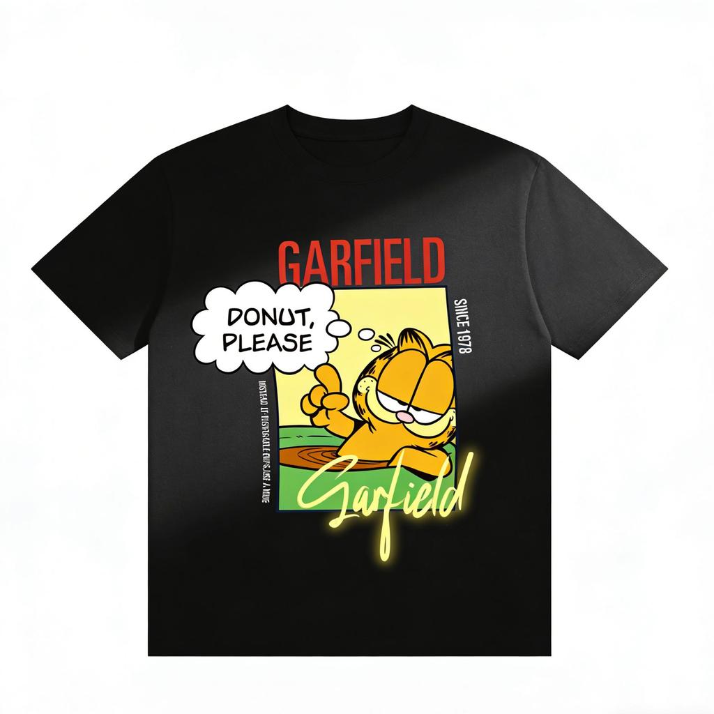 Garfield "DONUT PLEASE" Donut Funny Print Short Sleeve T-Shirt, American Streetwear Brand Heavyweight Cotton Loose Fit Oversized Couple Top
