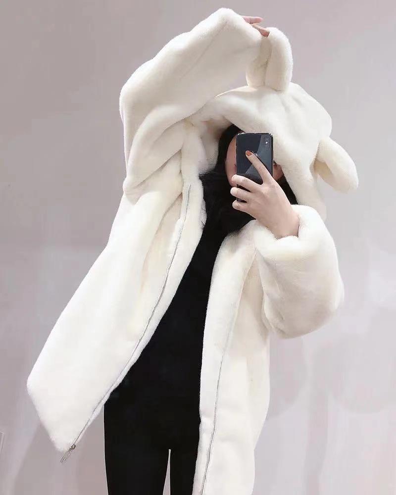 Kadın Sevimli Ayı Kulaklı Polar Kapüşonlu Mont, Kalın Peluş, Bol Orta Boy Stil, 2025 Koleksiyonu