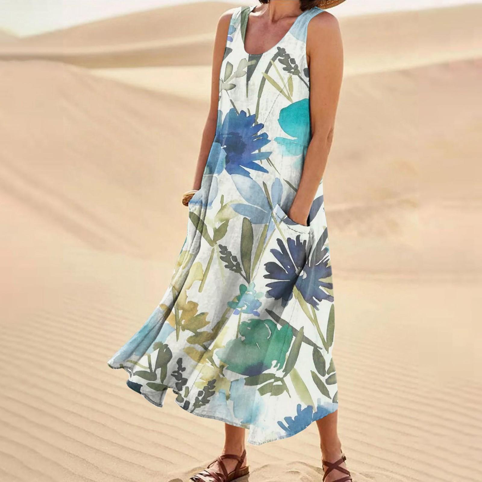 

Жіноча повсякденна зручна бавовняна сукня з кишенями без рукавів із квітковим принтом XL синій