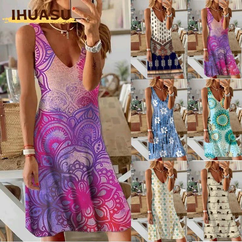 IHUASU Fashion Summer Spring Sleeveless V-Neck Casual Dresses