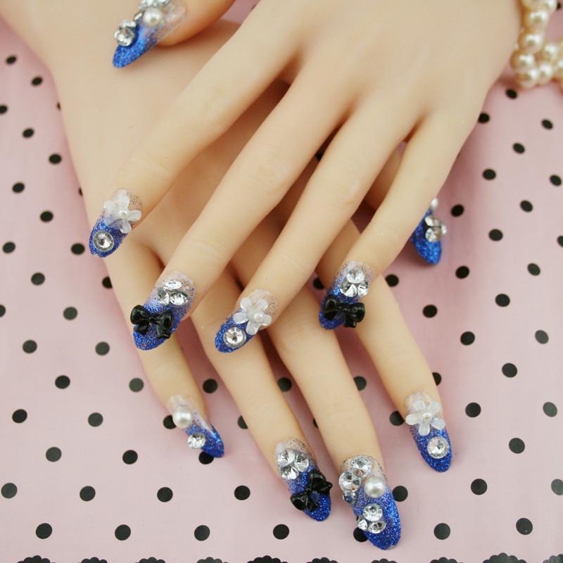 

24 шт. Синие блестящие накладные ногти «Синяя звезда» - Съемный свадебный набор для нейл-арта