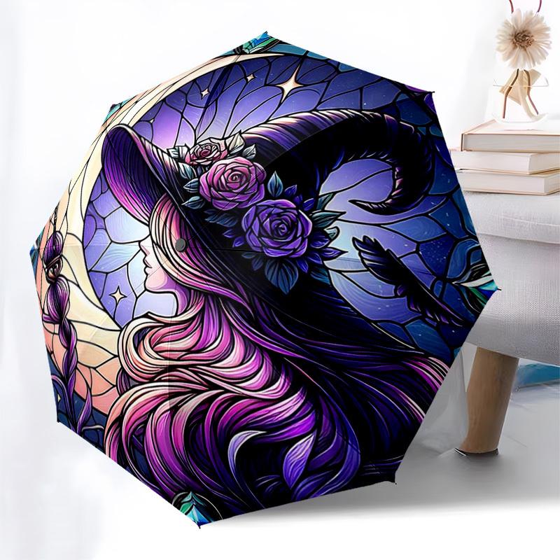 

1pc Stained Glass Witch Hat Auto-Folding Umbrella - Portable Tri-Fold Design with 8-Bone Iron Frame, Outdoor, Perfect Gift for Fans, Travelers, Daily