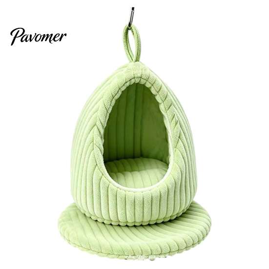 Detachable Bird Bed Hanging Parrot Nest Bed, Winter Striped Plush Water Drop Shape Warm Hideaway Cozy Cave with Removable Cushion, Cage Hammock