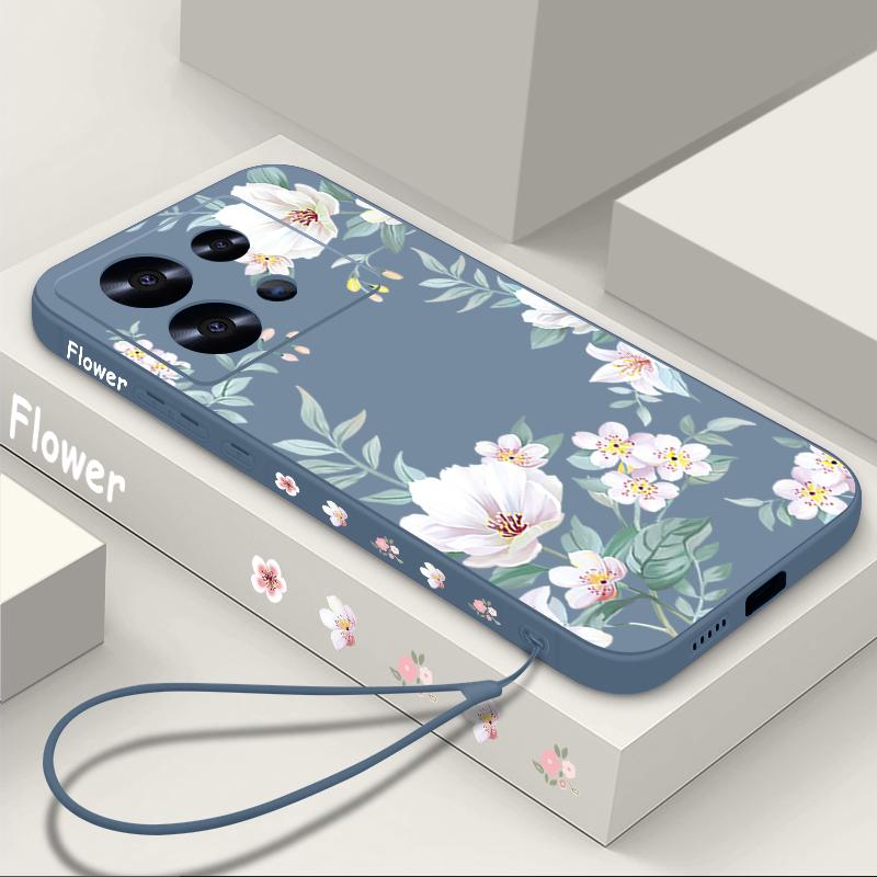 Coque fine mate à imprimé floral uni pour Xiaomi 13T Pro, Poco F6, X6, X5, Redmi Note 14 Pro, 13, 12, 11, avec cordon, en TPU souple et antichoc