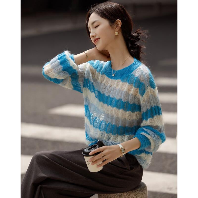 Demana Women's Merino Mohair Blend Hollow-Out Striped Knit Sweater