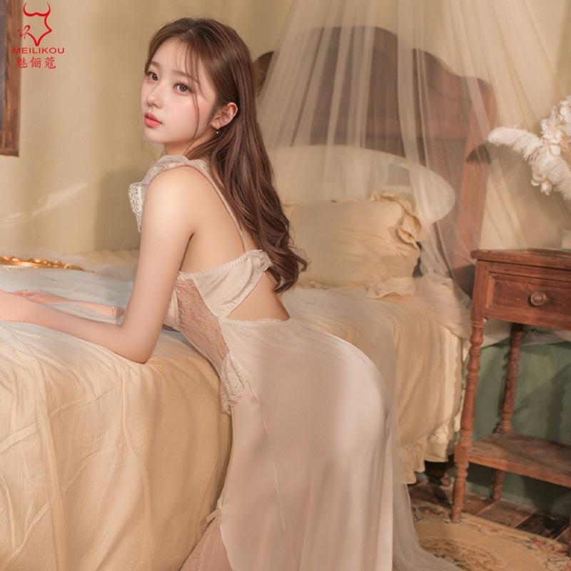 Sex underwear steel ring gathering perspective nightdress long French robe mesh yarn with chest pad loungewear set