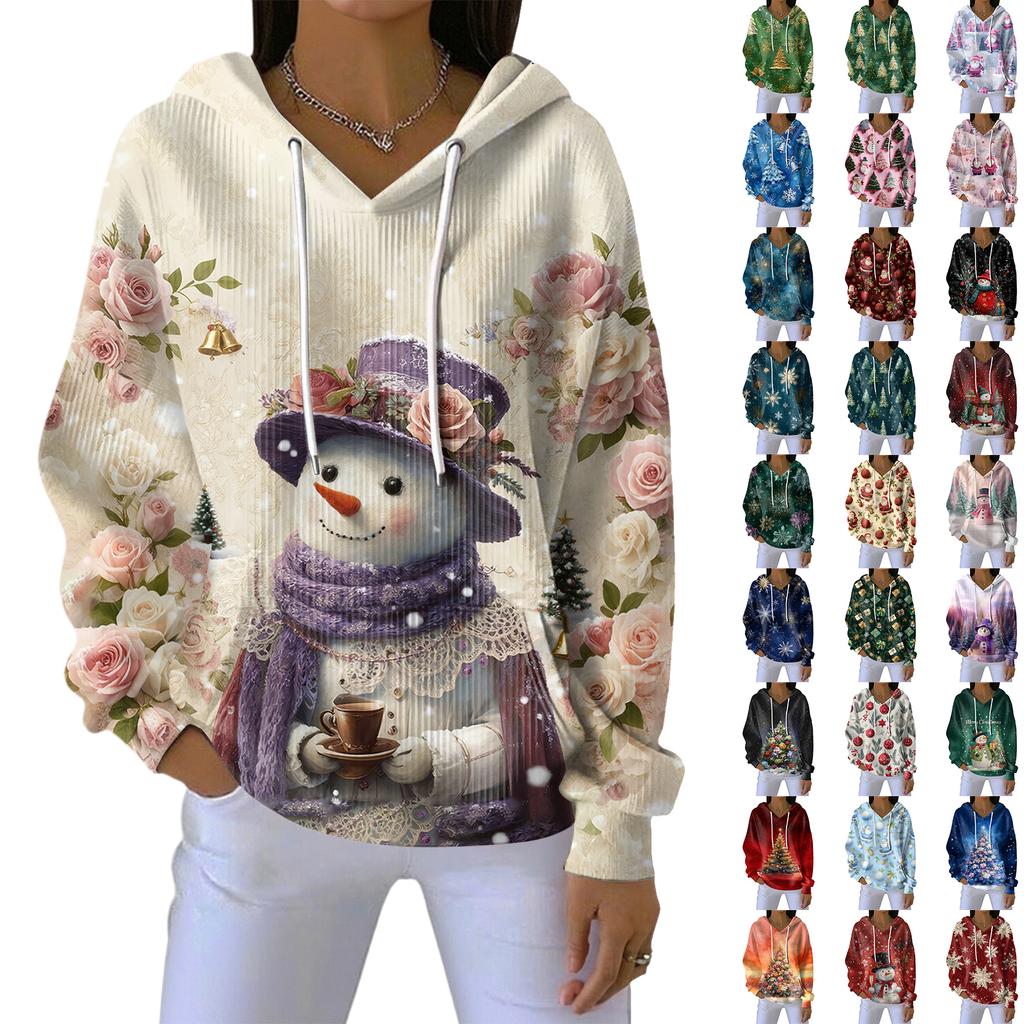 Women's Loose Comfortable Casual Fashion V-Neck Christmas Print Long Sleeve Hoodie