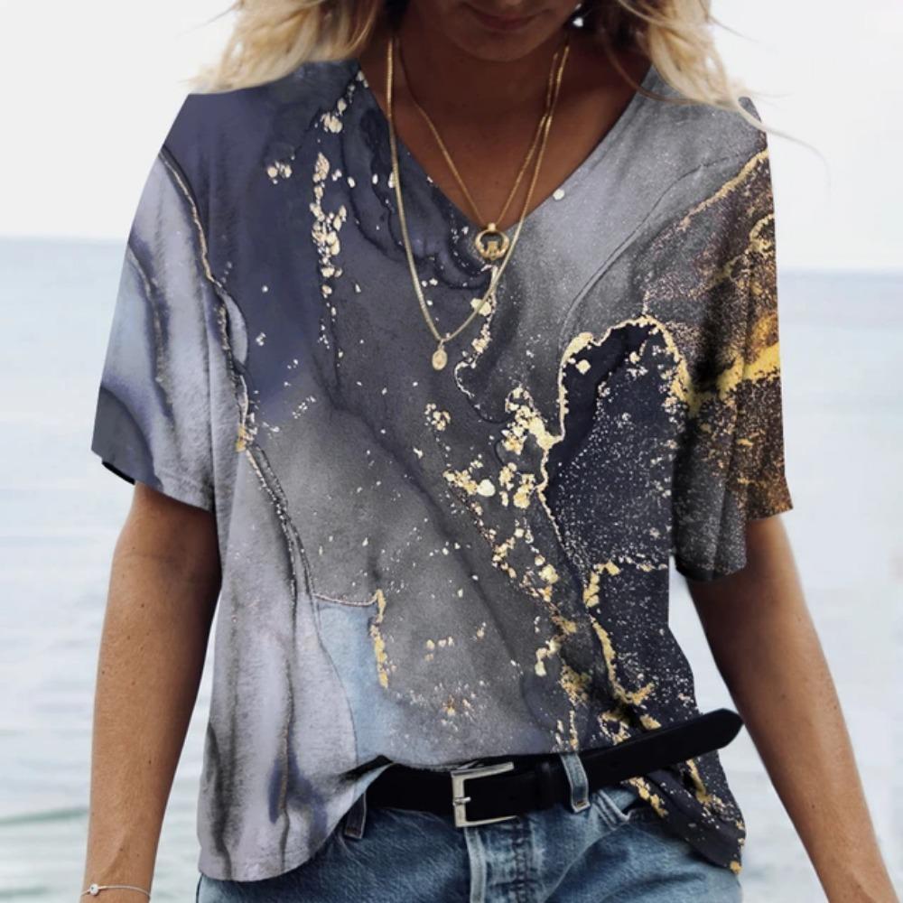 2024 neues 3D T-Shirt bunt V-Ausschnitt große Oberteile locker Sport T-Shirt Street Fashion Y2K