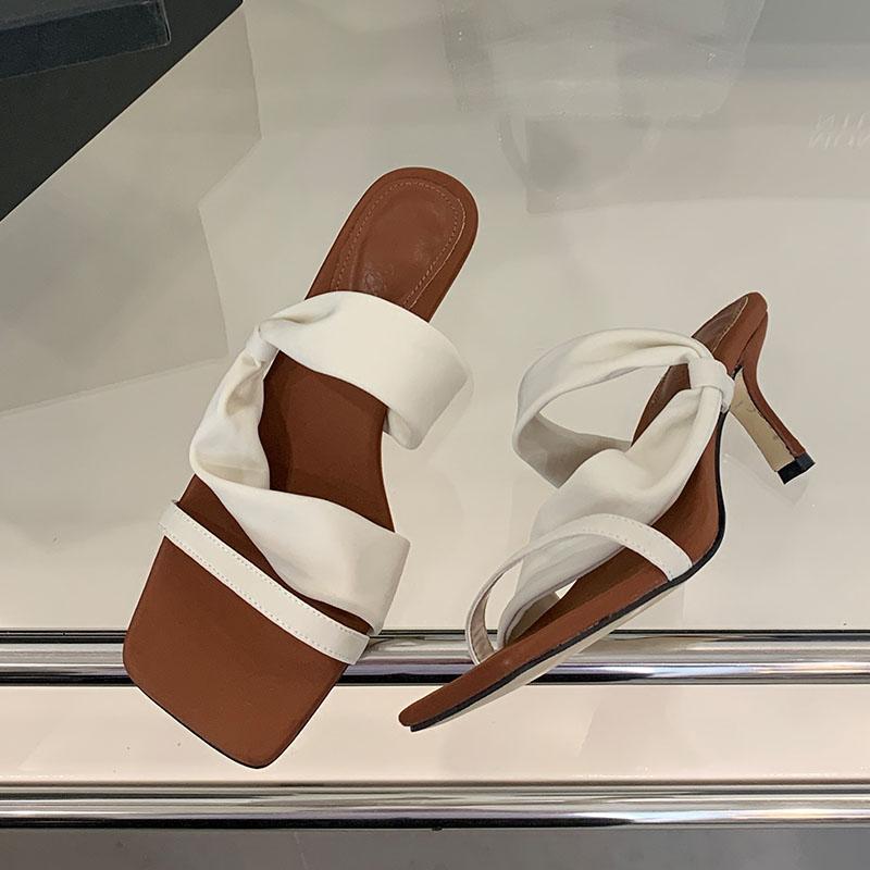 

Fashion Fashion Square Toe Ladies Thin Heels Sandals Slides Shoes Summer Spring Elegant Women Heeled Sandals Shoes Female Footwear 35 бежевый