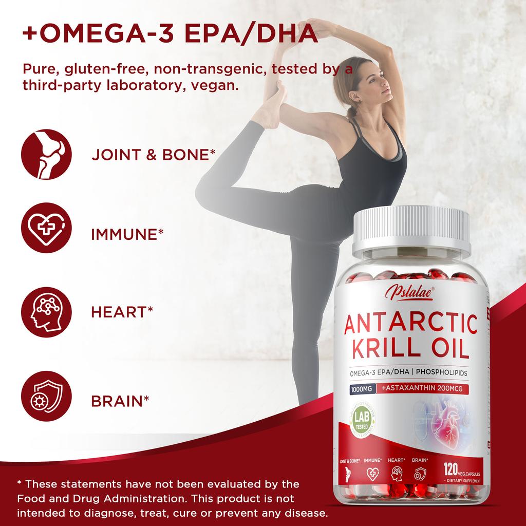Olio di krill antartico 1000mg, contiene fosfolipidi Omega-3 e astaxantina, supporto antiossidante, adatto agli adulti.