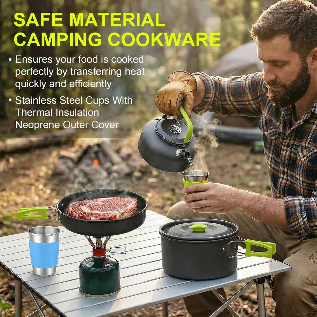 Camping Cookware Set 11pcs Mess Kit, Aluminum Non-Stick Pot and Pan Set, Backpacking Cookware