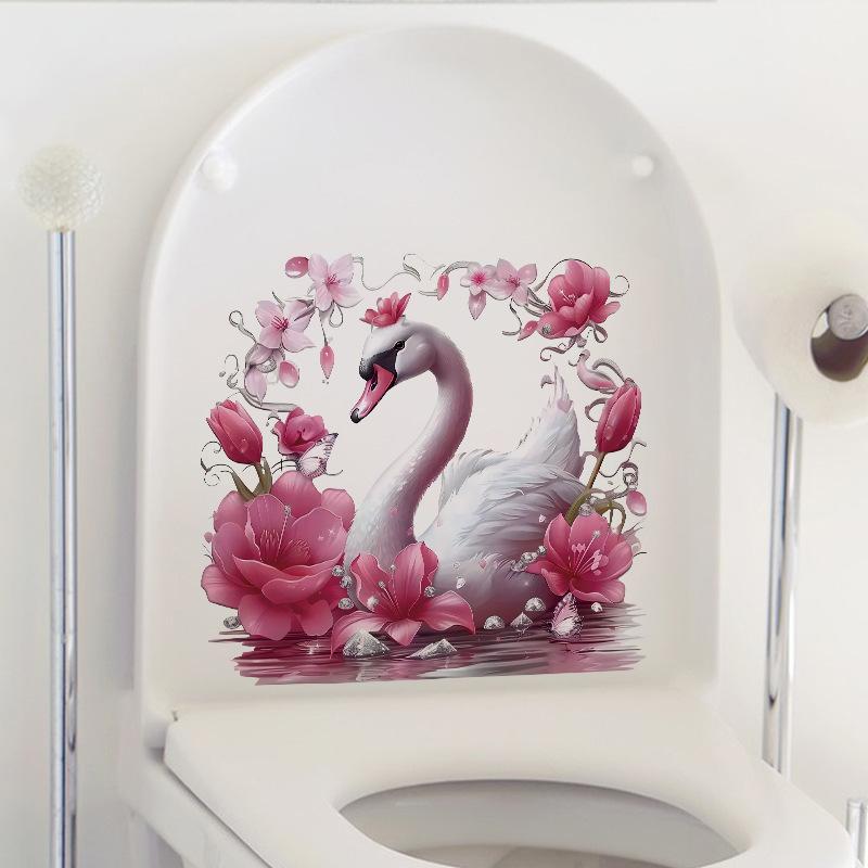 Pink Swan Decals Self Adhesive Toilet Lid Sticker Bathroom Decoration Water Tank Cover Decor