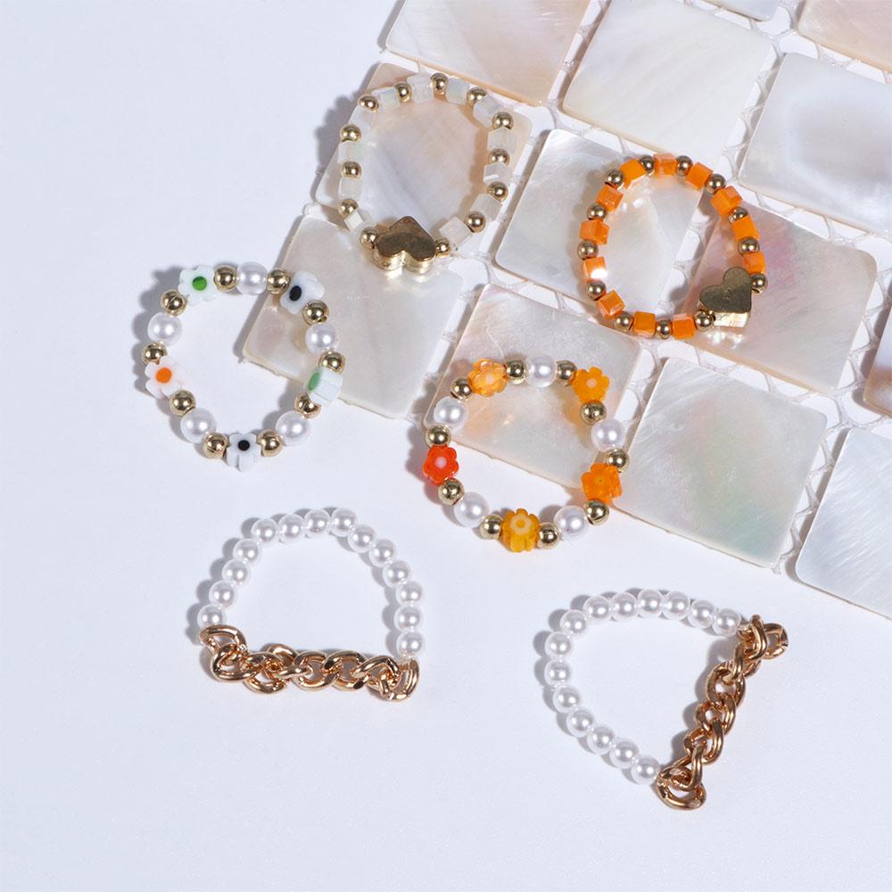 Korean Love Heart Bohemia Acrylic Pearl Party Jewelry Finger Ring Set Women Ring Beaded Rings