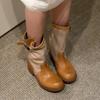 Retro color matching and thin stacking boots women's autumn new thick heel medium boots belt buckle locomotive boots Martin boots