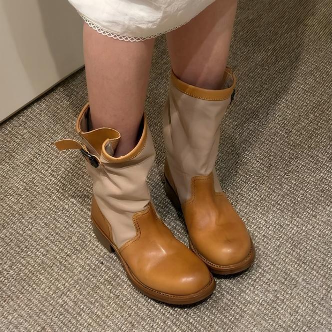 Retro color matching and thin stacking boots women's autumn new thick heel medium boots belt buckle locomotive boots Martin boots