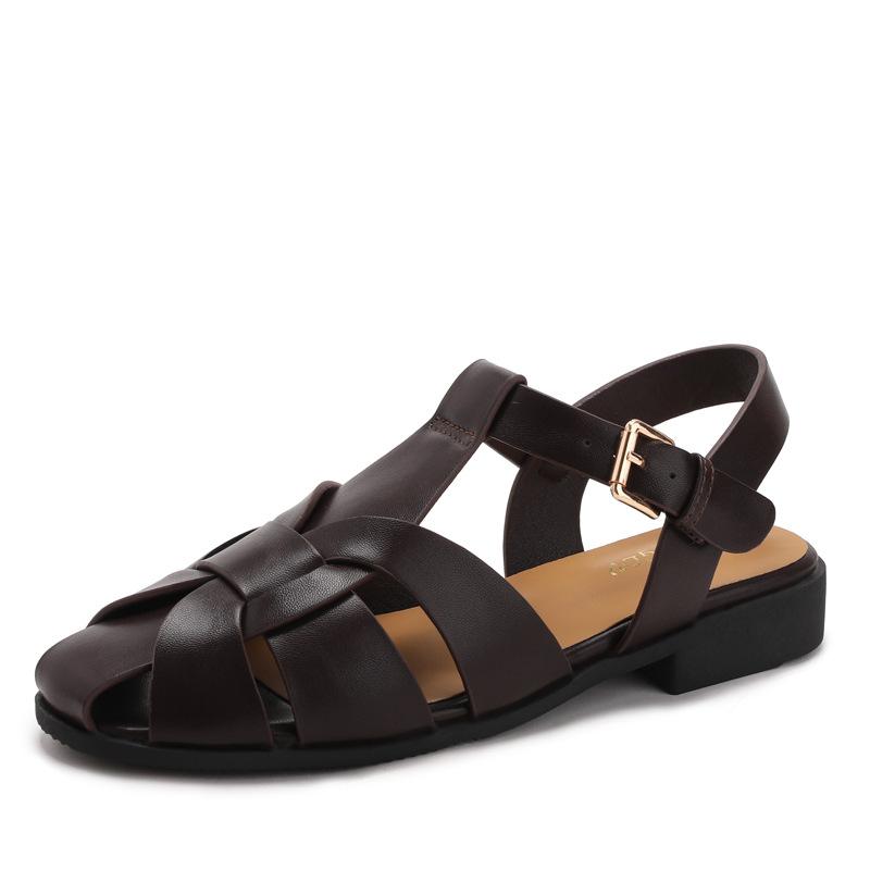 Gladiator Sandalen voor Dames Zomer Retro Geweven Gesloten Teen Platte Sandalen Comfort Gesp Riem Schoenen 43 black