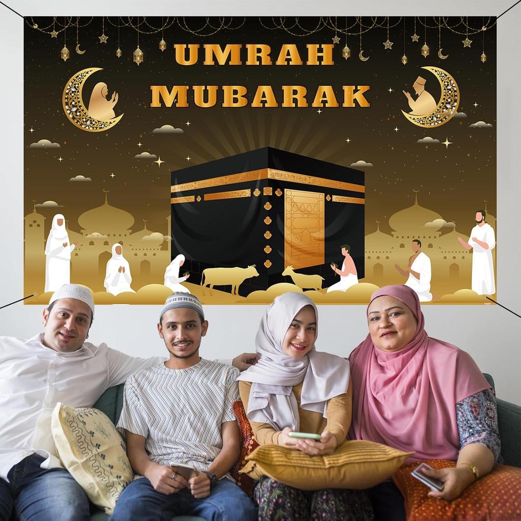 Umrah Mubarak Banner, 59×35 Inch Large Photo Booth Ramadan Mubarak Banner, Hajj Kaaba Background Ramadan Decorations for Home lslamic Muslim Eid