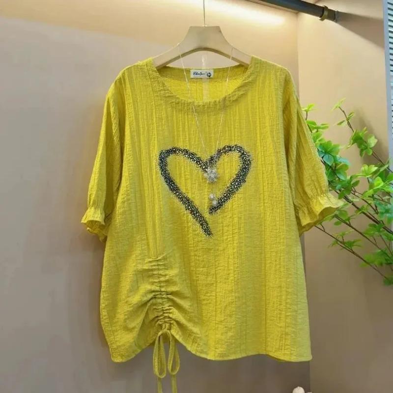 Summer Women's Blouse Heart Rhinestone Crew Neck 3/4 Ruffle Sleeve Ruched Side Loose Fit Tops