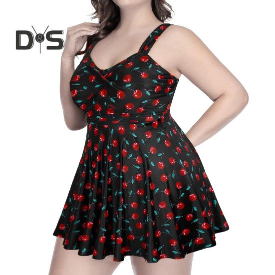 

2 шт./комплект женский купальник из двух частей плюс размер вишневый принт купальник с трусиками летний пляж бассейн женский купальный костюм танкини купальники XL чёрный