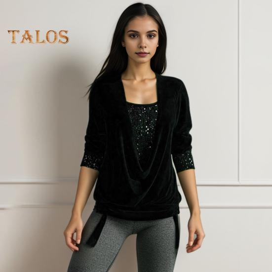 Women Velvet Tops Swing Collar Long Sleeve Drawstring Hem Shirring Pullover Tops Solid Color Sequins Stitching Blouse