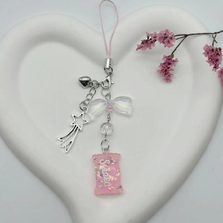 Lovely Phone Charm Colorful Beaded Keychain Acrylic Alloy Keyring Bag Accessory